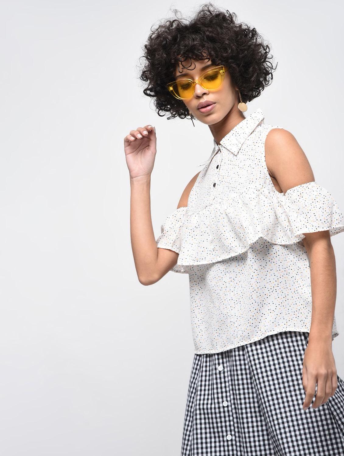 Printed White cold shoulder Top - Znxclothing