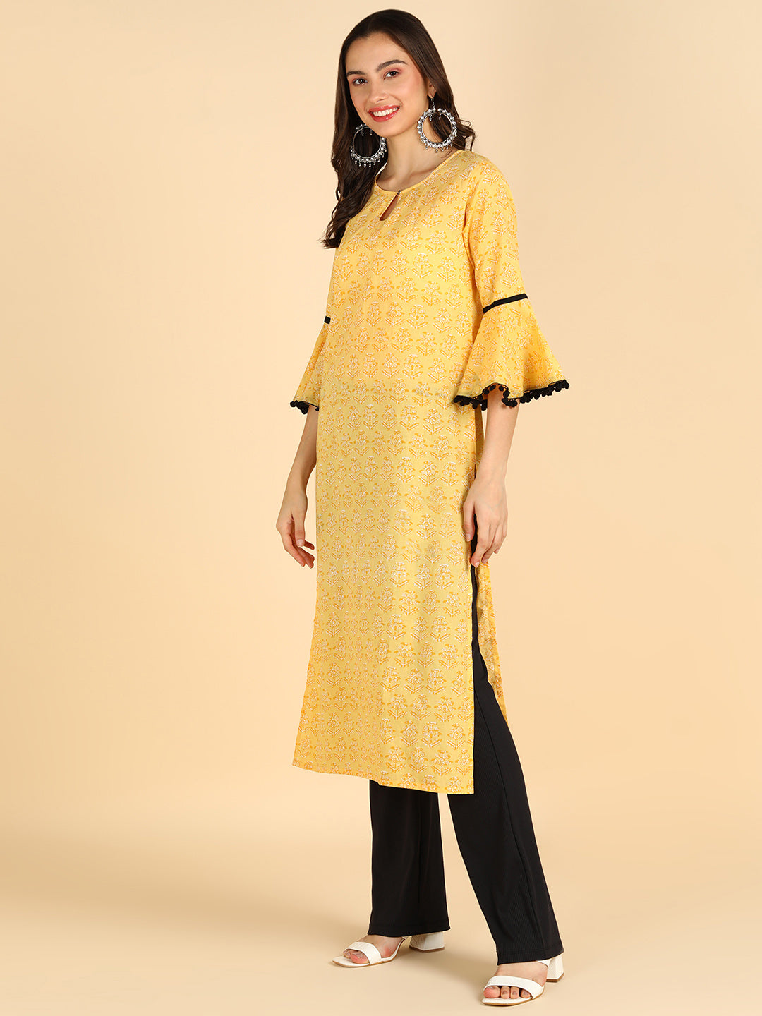 Floral Printed Straight Yellow Kurta With Sleeve Detailing