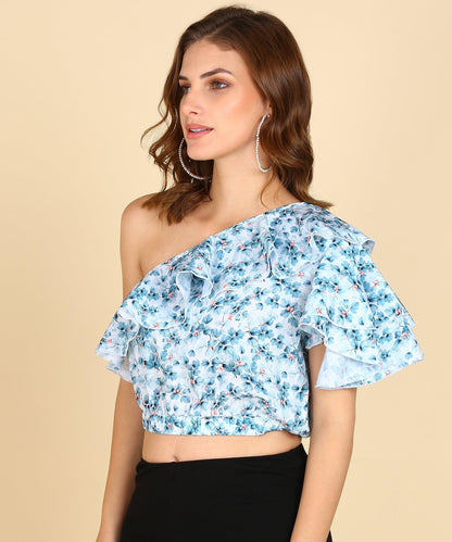 Floral Print Front Frilled Top With Designer Sleeve - Znxclothing