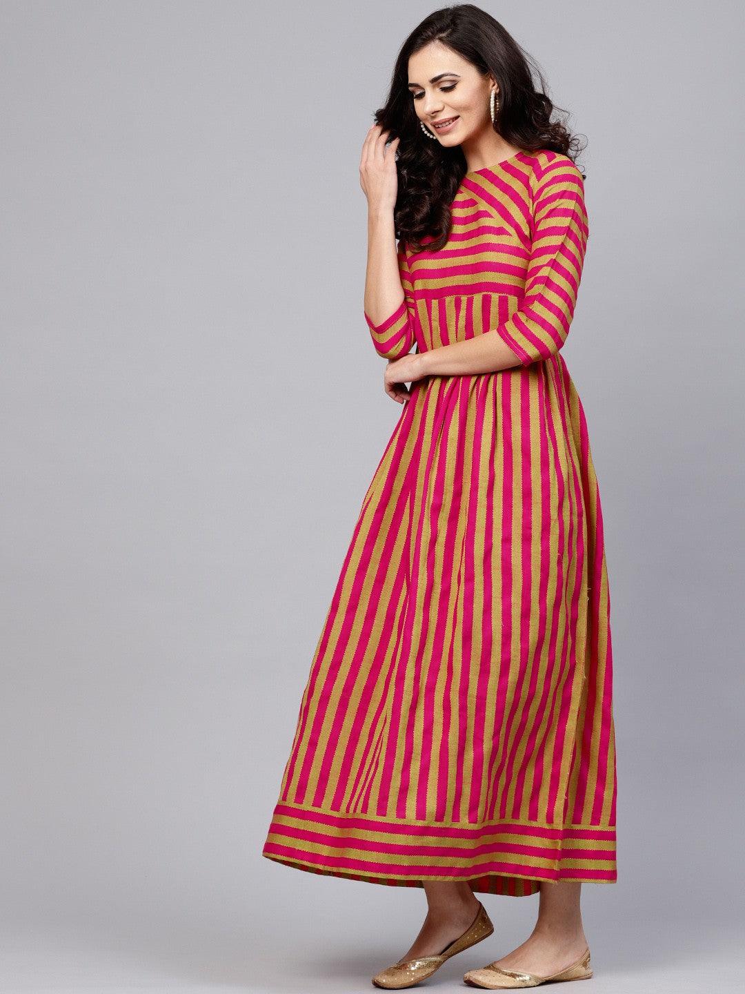 Magenta &amp; Gold Woven Design Box Pleated Maxi (Fully Stitched) - Znxclothing