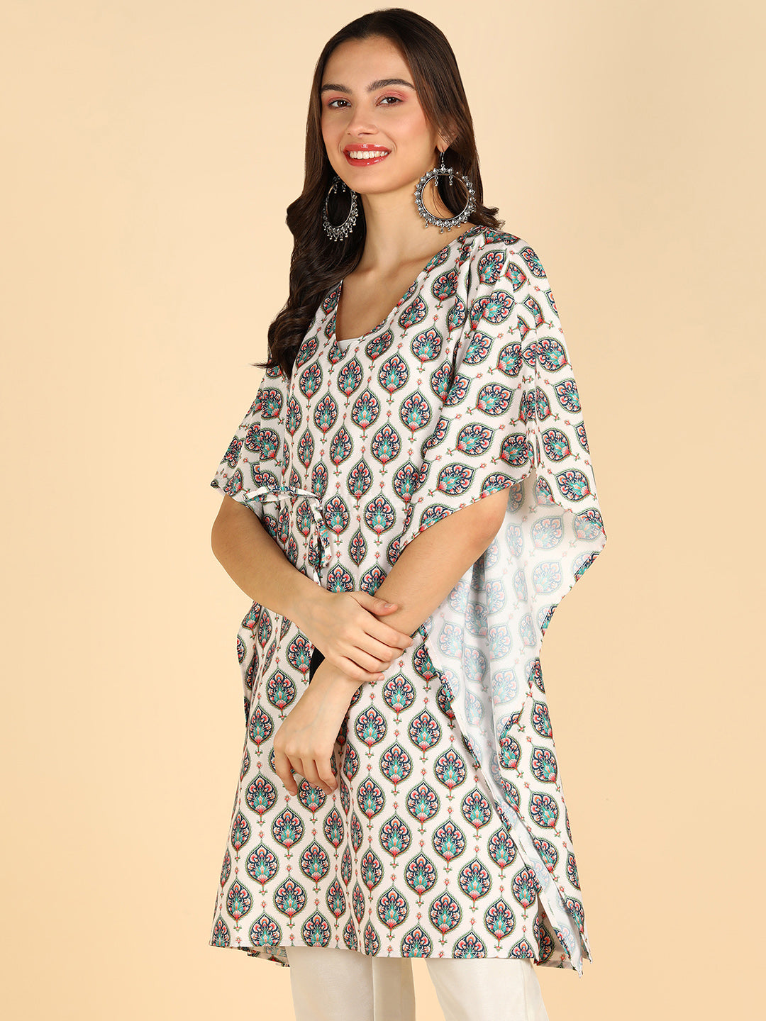 Floral Printed Off White Kafthan Kurta With Tassel Details