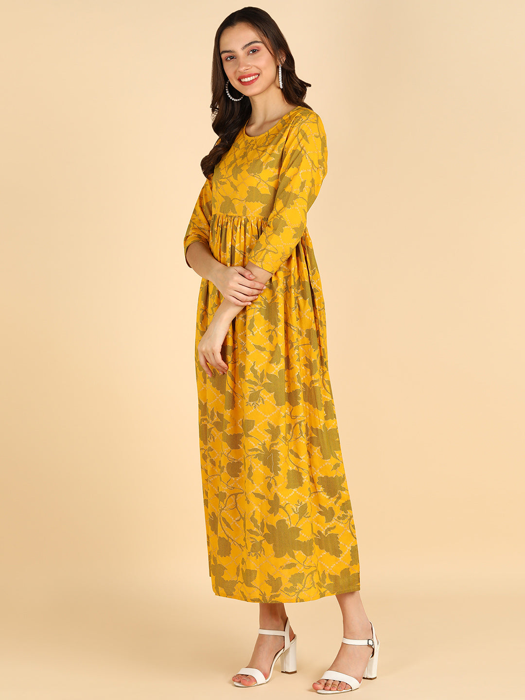 Gold &amp; Green Floral Printed  Yellow Dress