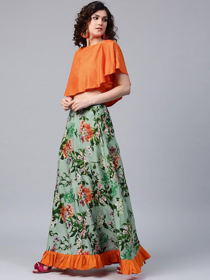 Green Floral Pastel Printed Skirt With Solid Crop Top (Fully Stitched) - Znxclothing