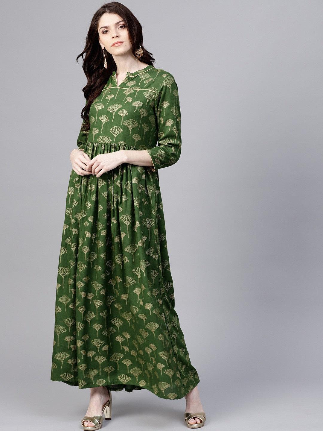 Green Gold Printed Pleated Maxi (Fully Stitched) - Znxclothing