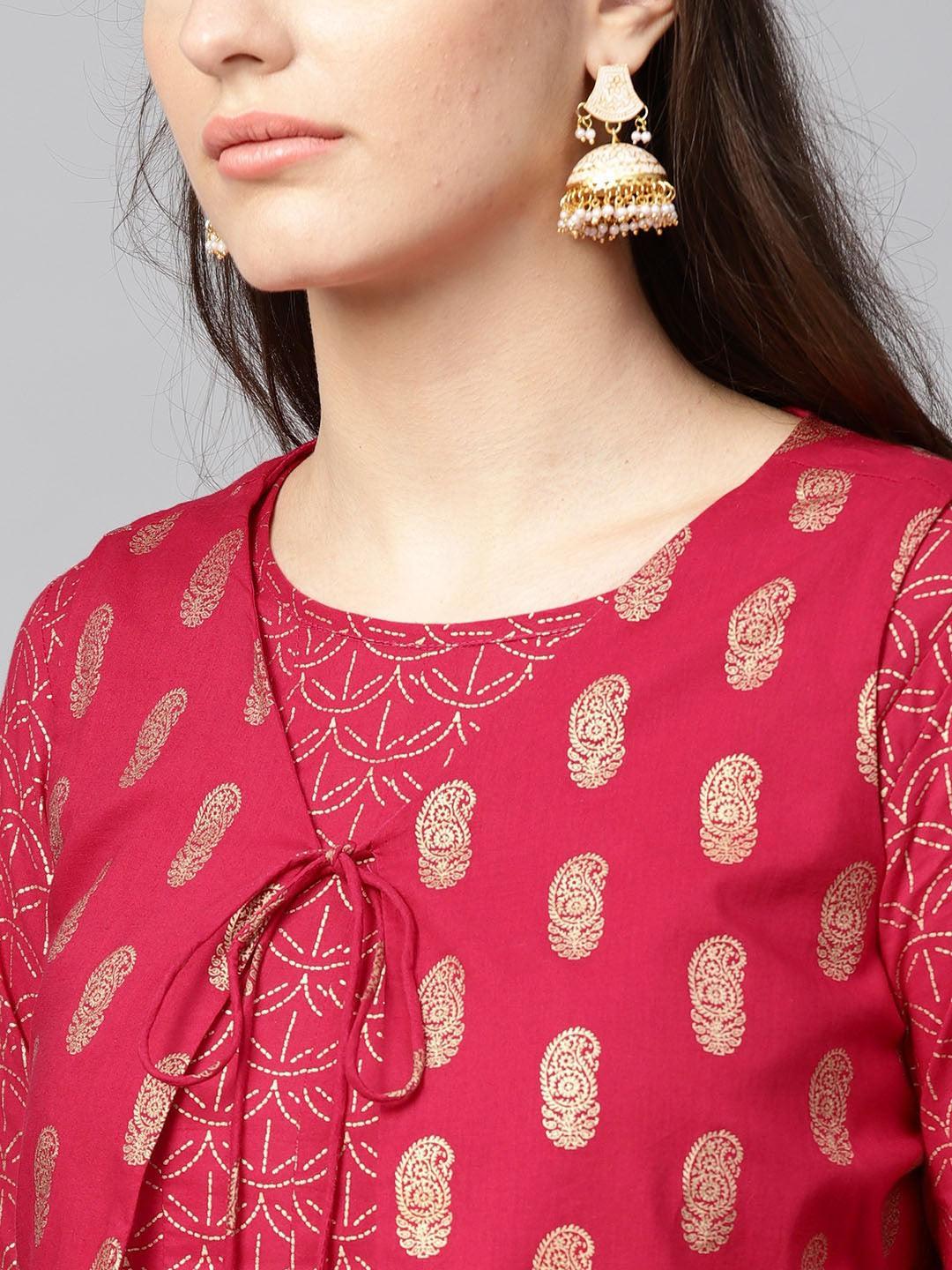 Magenta Gold Printed Anarkali With Waist Coat (Fully Stitched) - Znxclothing