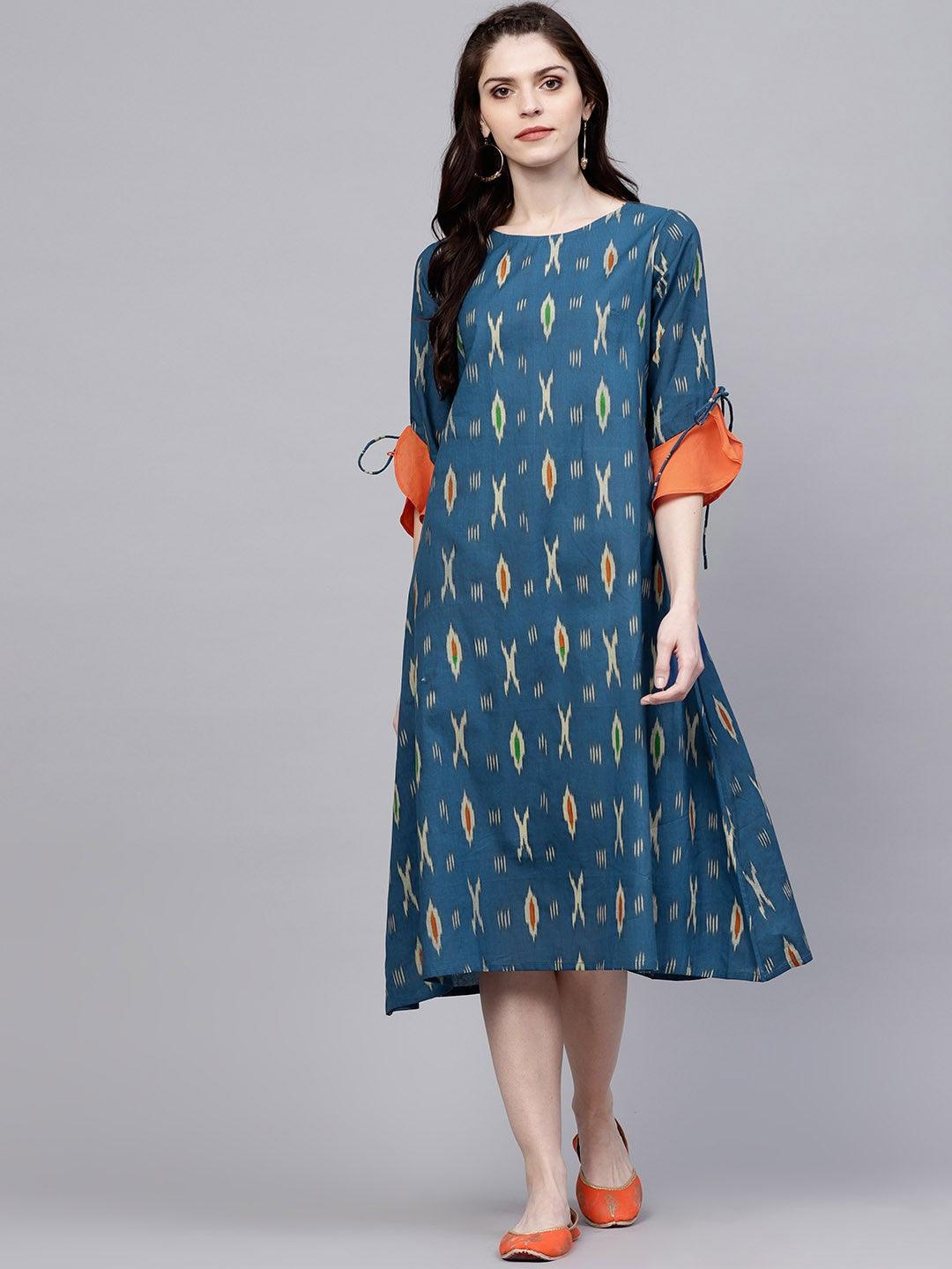 Blue Ikat Print A-Line Dress With Ruffle Sleeve (Fully Stitched) - Znxclothing