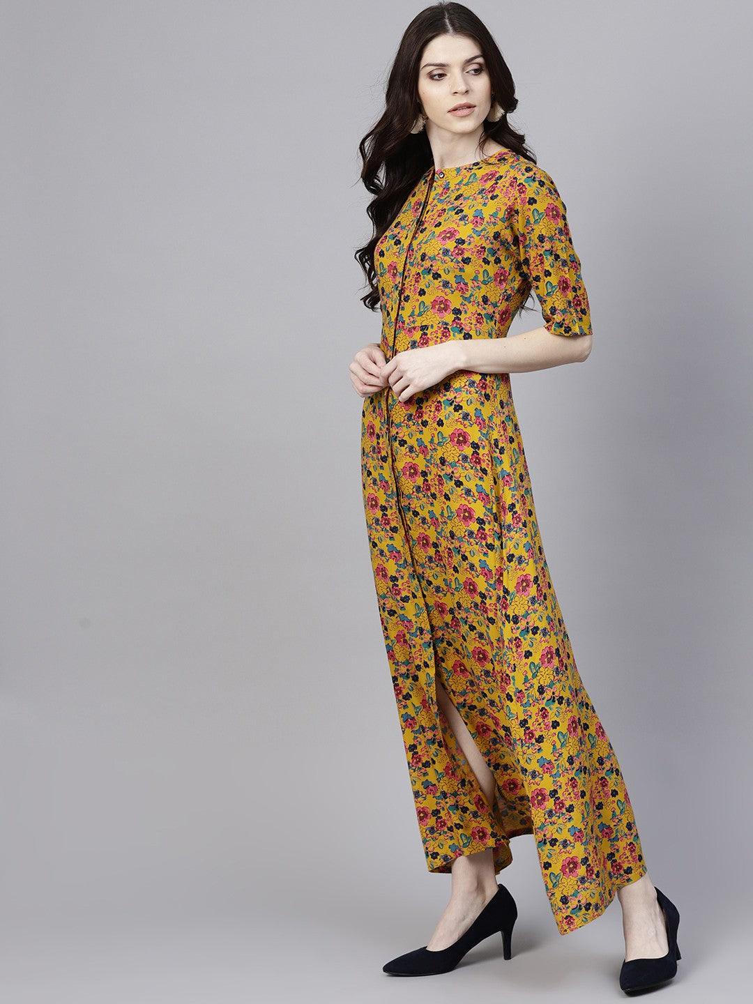 Mustard Floral Printed Button Down Maxi (Fully Stitched) - Znxclothing