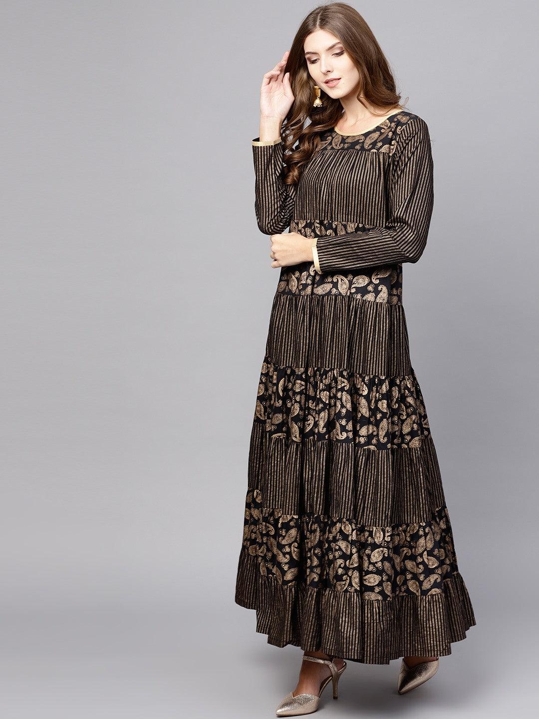 Black Gold Printed Tiered Anarkali (Fully Stitched) - Znxclothing
