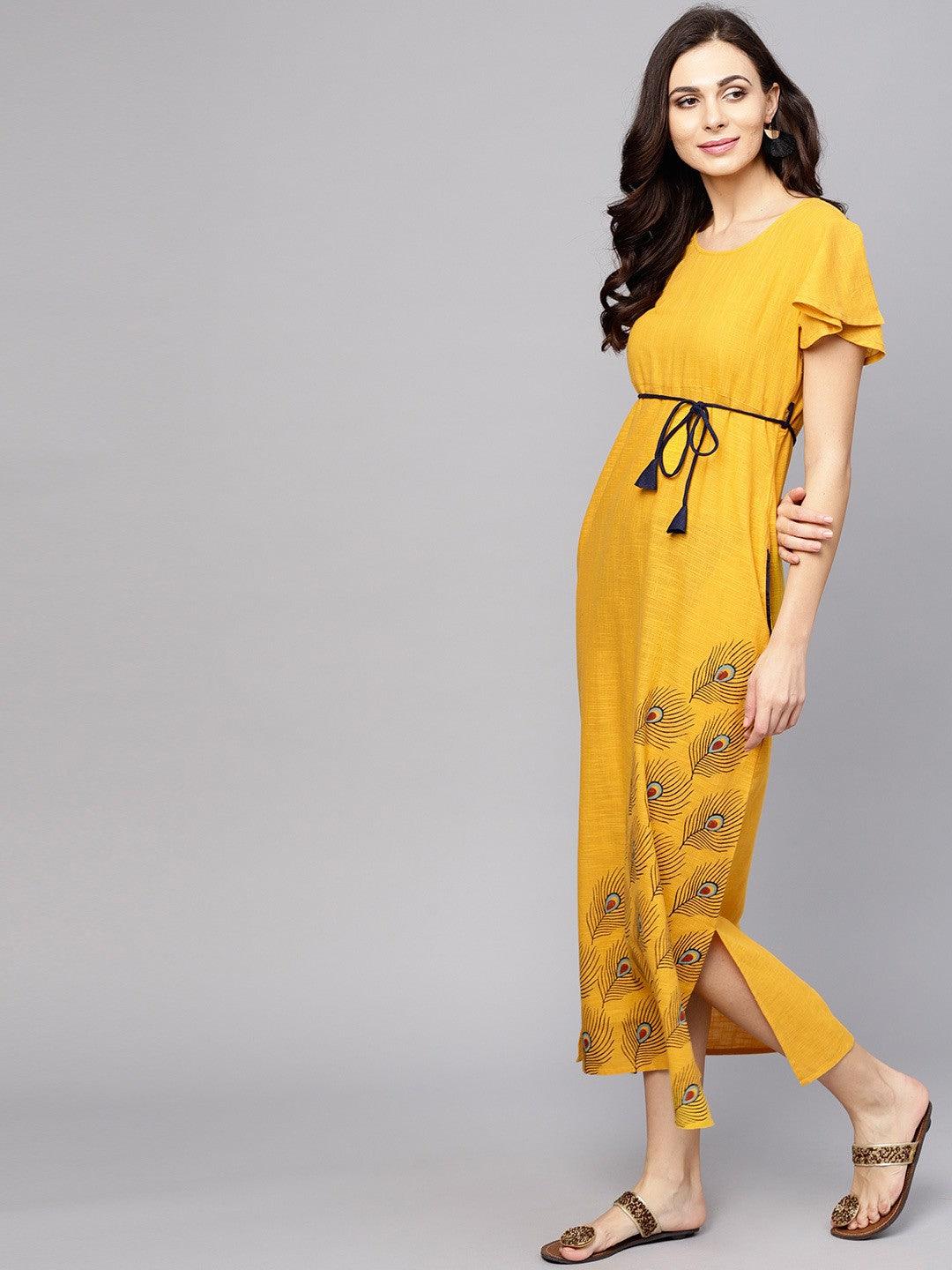 Yellow Block Printed Sleeveless Dress (Fully Stitched) - Znxclothing