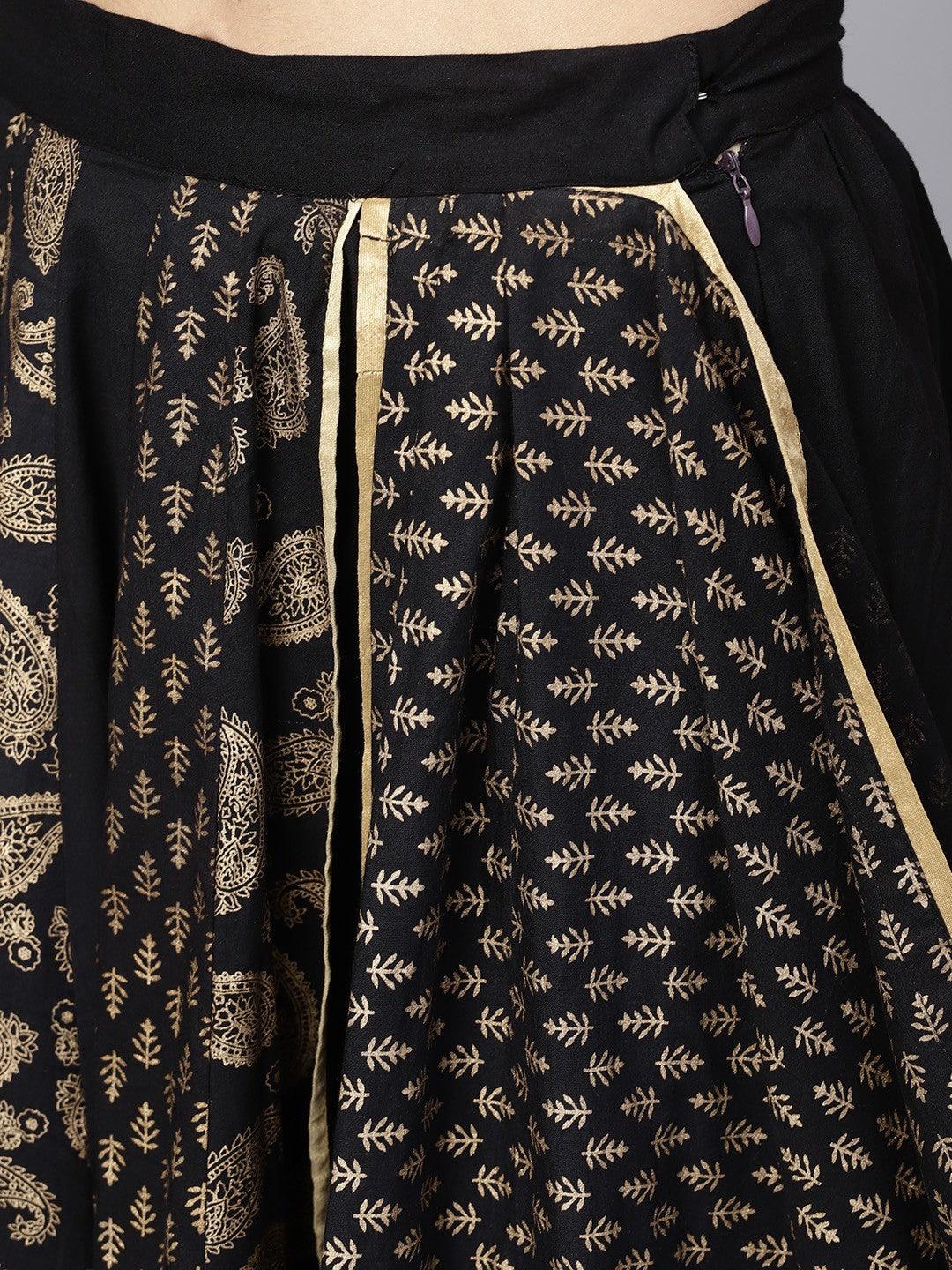 Black Gold Printed Lehenga With Choli And Dupatta (Fully Stitched) - Znxclothing
