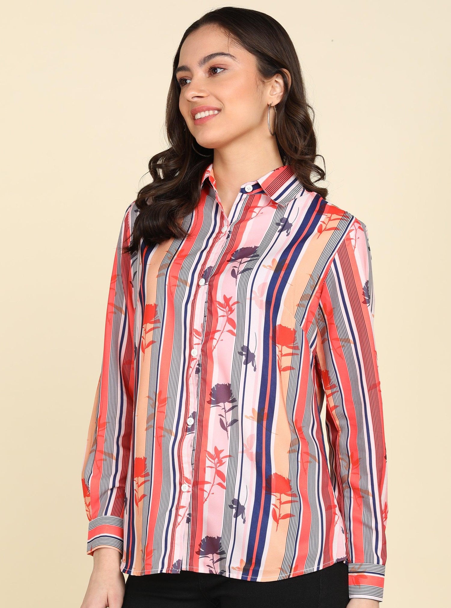 Multicolor Strip &amp; Floral Printed Shirt - Znxclothing