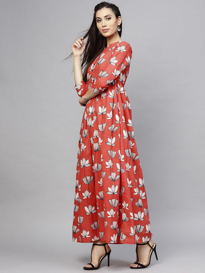Red &amp; White Floral Printed Pleated Maxi (Fully Stitched) - Znxclothing