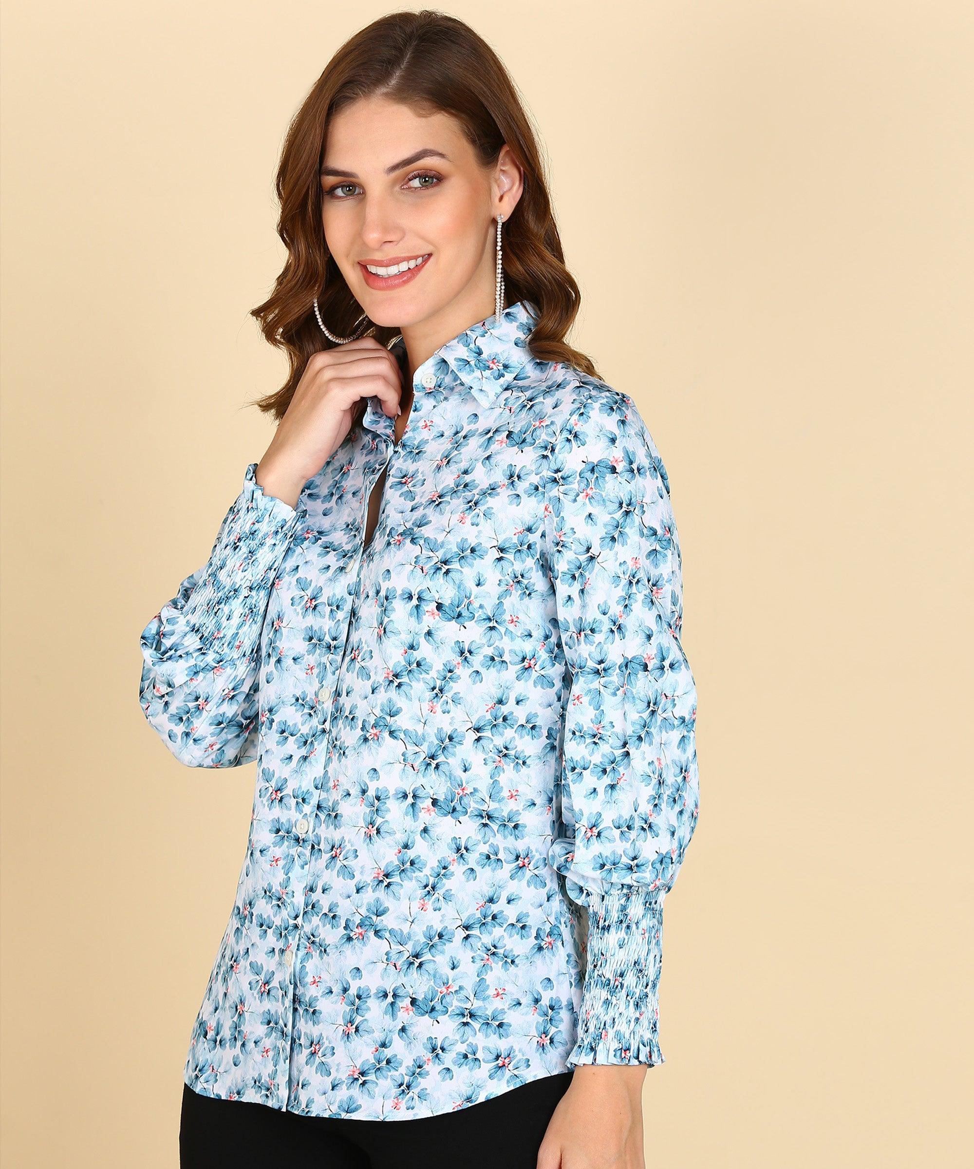 Sky Blue Floral Printed Shirt With Smocked Sleeve - Znxclothing