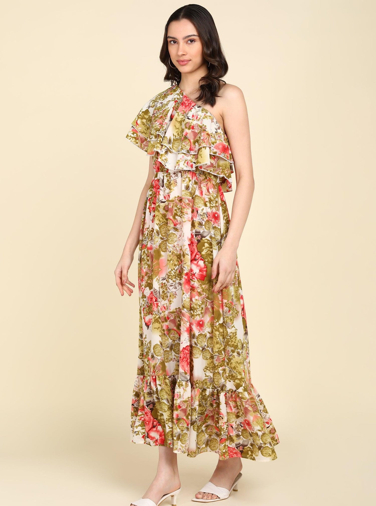 Green &amp; Red Floral Printed Frill Dress - Znxclothing