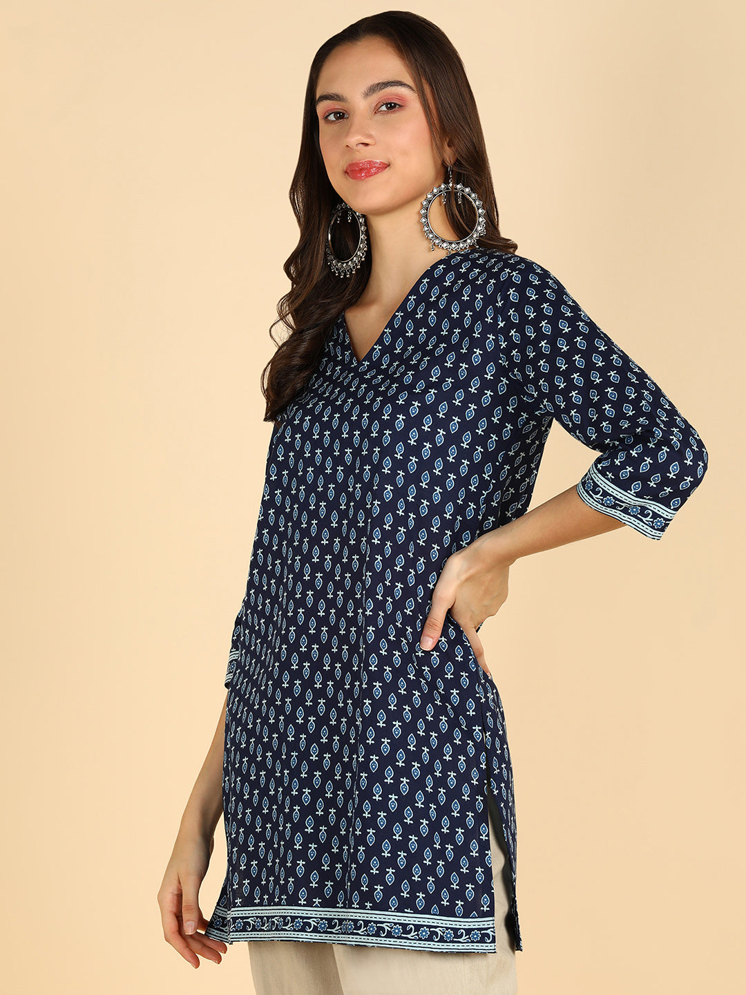 White Floral Printed Blue Straight Kurti With Border Details