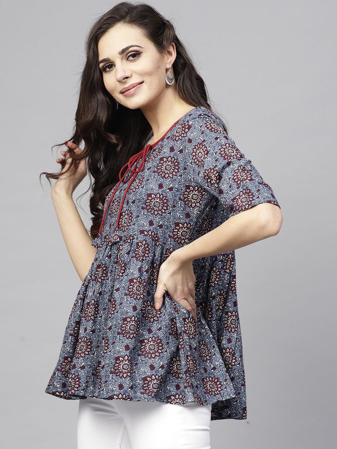 Blue &amp; Maroon Printed Pleated Tunic - Znxclothing