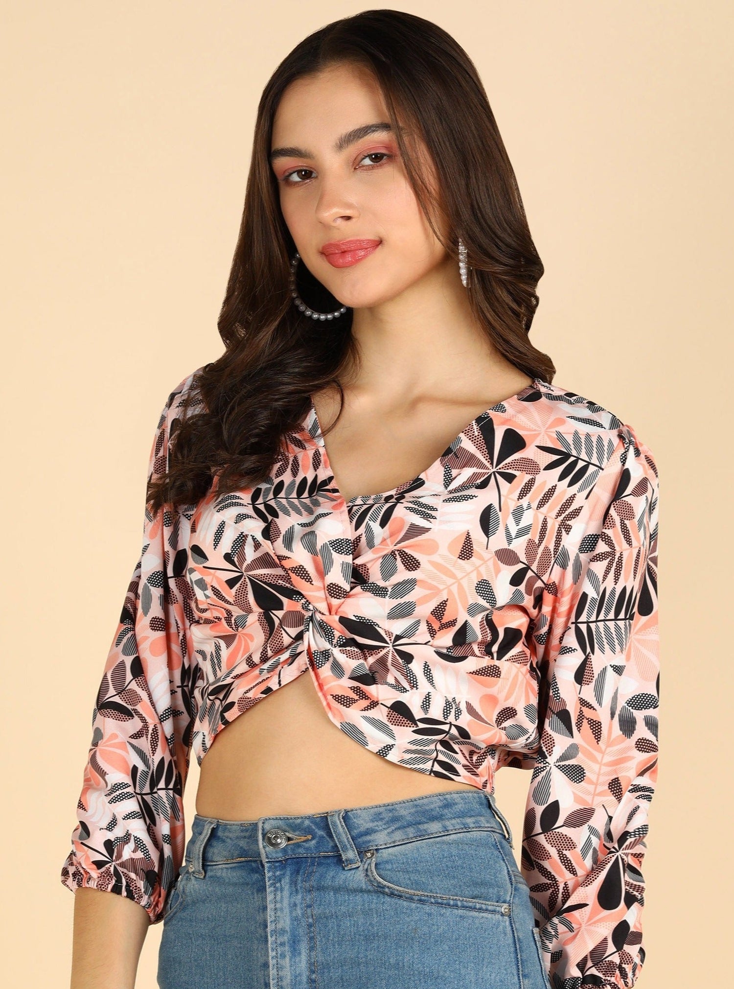 Beige Color Printed Front Knot Stylish Crop Top