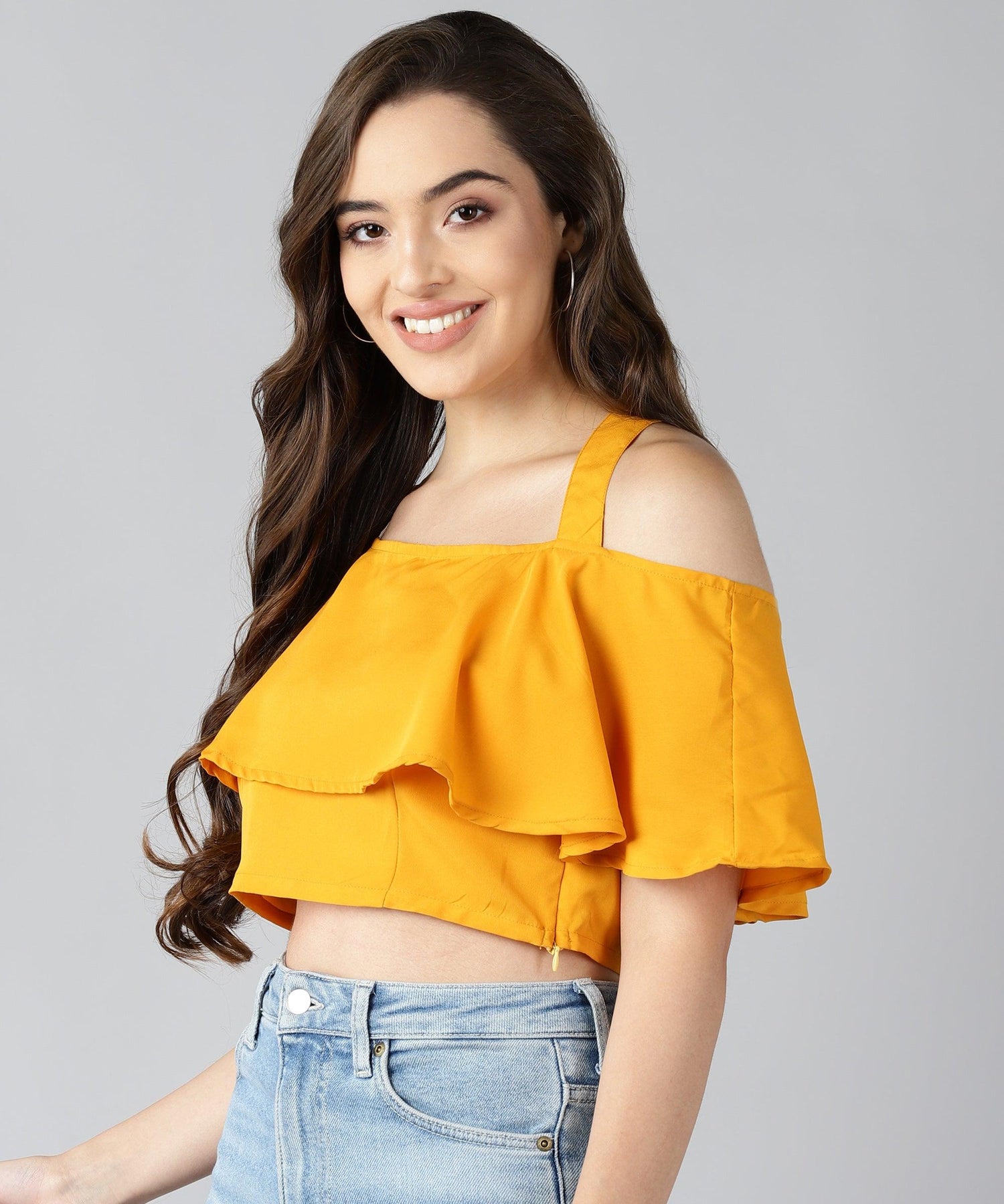 Women Shoulder Straps Yellow Solid Top - Znxclothing