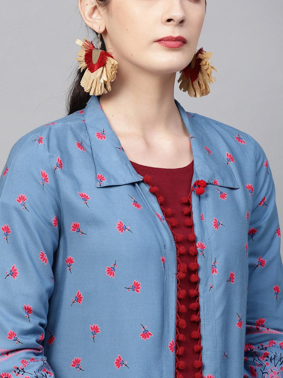 Blue &amp; Pink Printed Jacket With Pom-Pom Details - Znxclothing