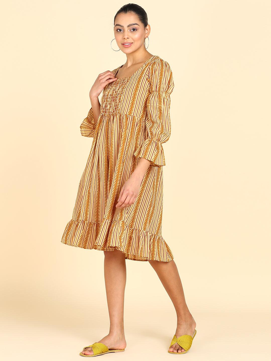 Brown Leaf Strip Printed Smocked Yellow Dress - Znxclothing