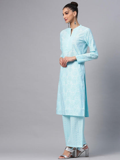 Turquoise Blue Khari Printed Straight Kurta (Fully Stitched) - Znxclothing