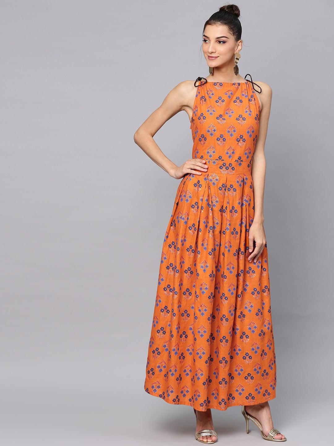 Orange Floral Printed Pleated Maxi (Fully Stitched) - Znxclothing