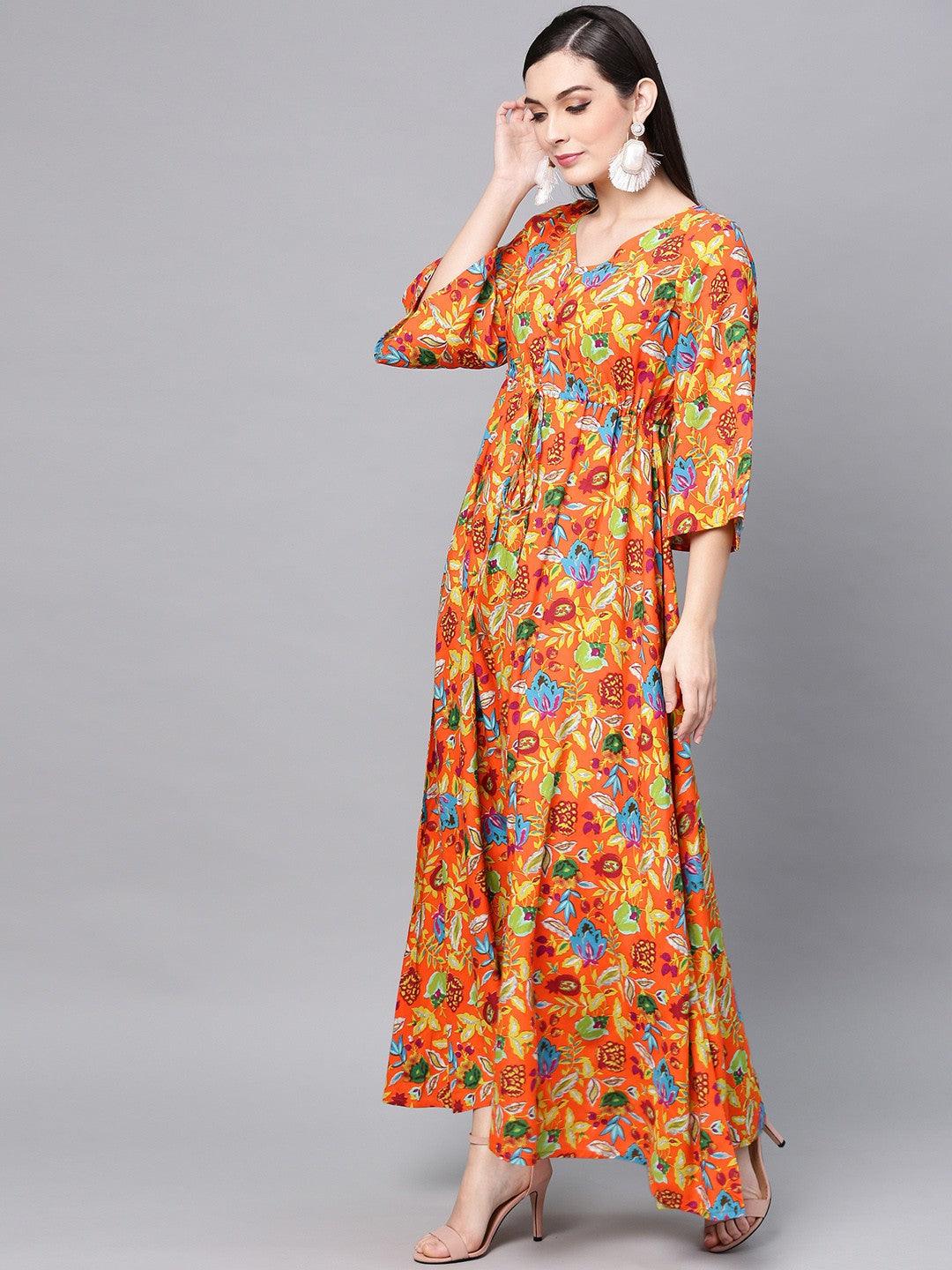 Orange Floral Printed Maxi With Flared Sleeve (Fully Stitched) - Znxclothing