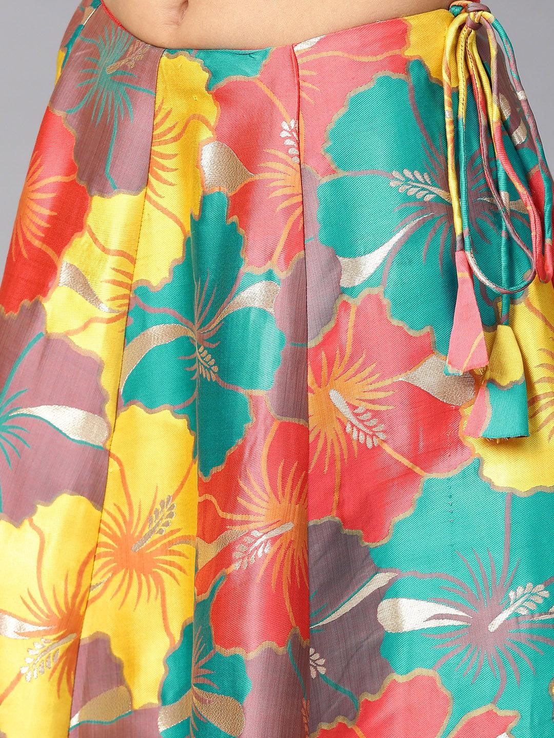 Multicolored Big Floral Jacquard Design Lehenga &amp; Solid Blouse Set (Fully Stitched) - Znxclothing