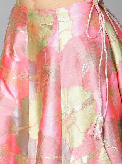 Pastel Green Big Floral Jacquard Design Lehenga &amp; Solid Blouse Set (Fully Stitched) - Znxclothing