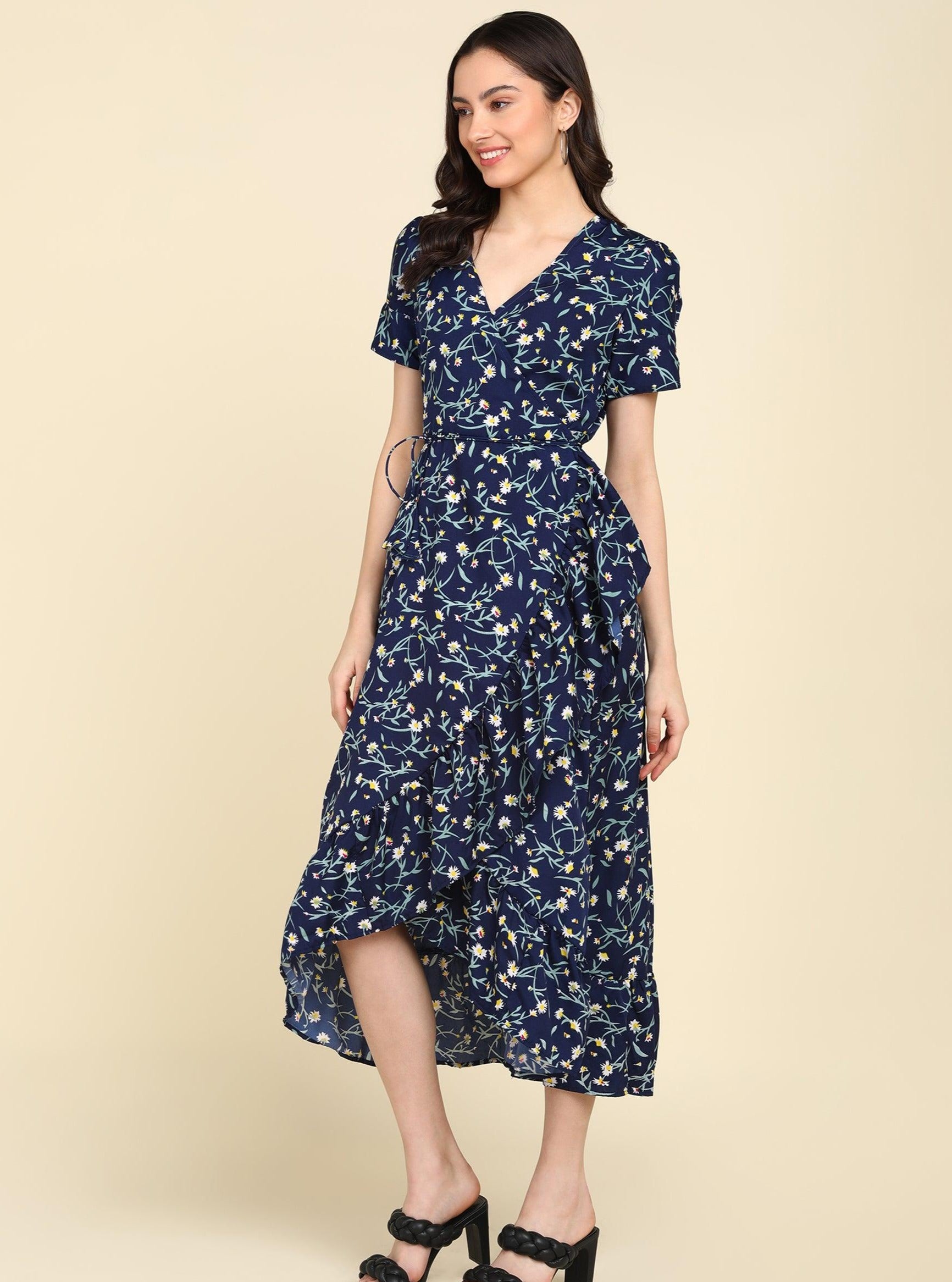 Blue Floral Printed Frill Dress - Znxclothing