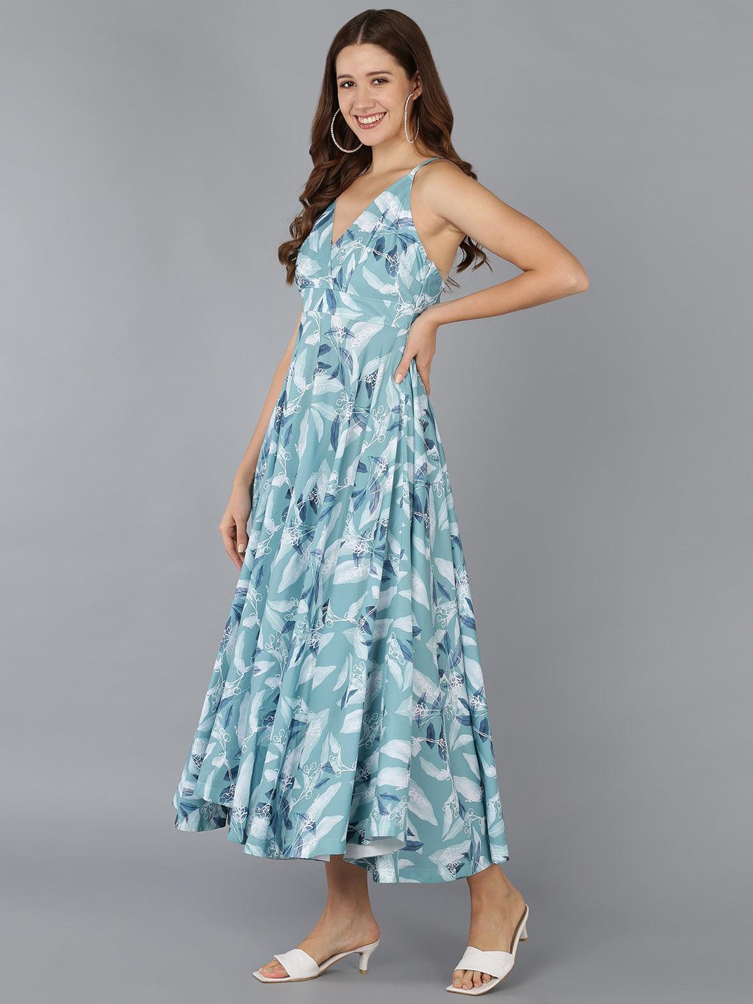 Light Blue Leaf Printed Flared Dress - Znxclothing