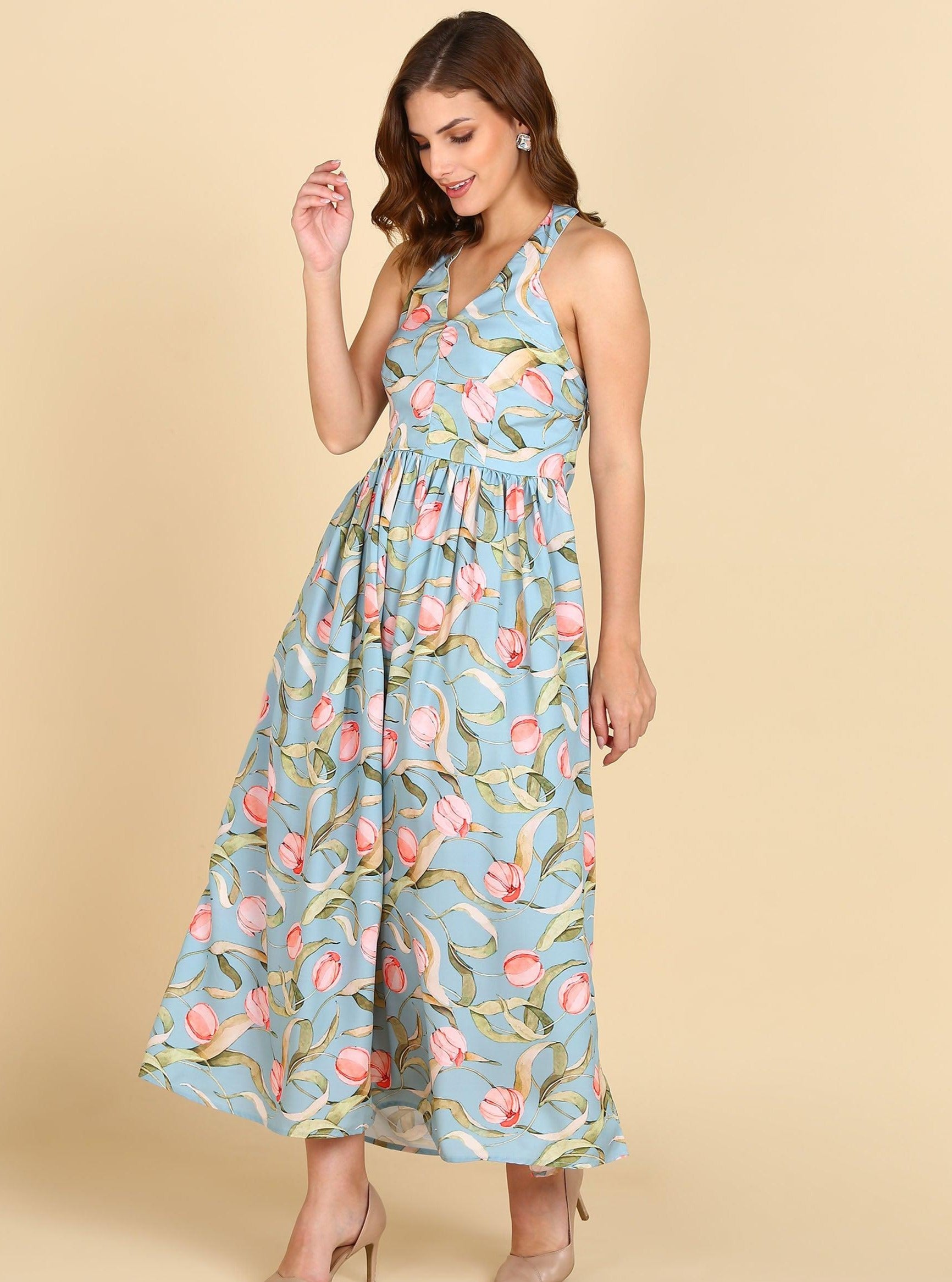 Floral Printed Sea Green Halter Neck Dress - Znxclothing