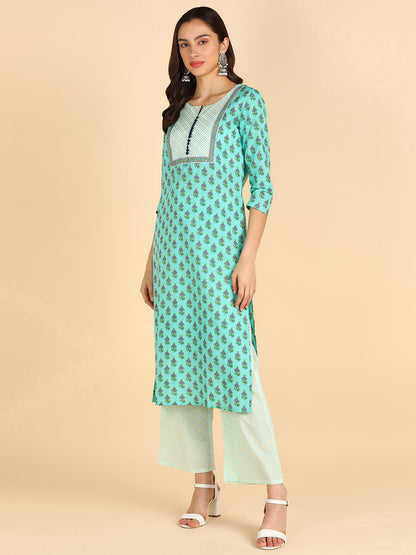 Women SeaGreen Printed Pure Cotton Kurta with Palazzos &amp; With Dupatta