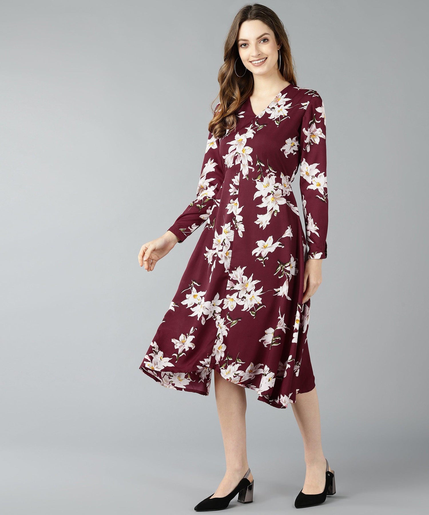 Znx Women Floral Printed Maroon Dress - Znxclothing