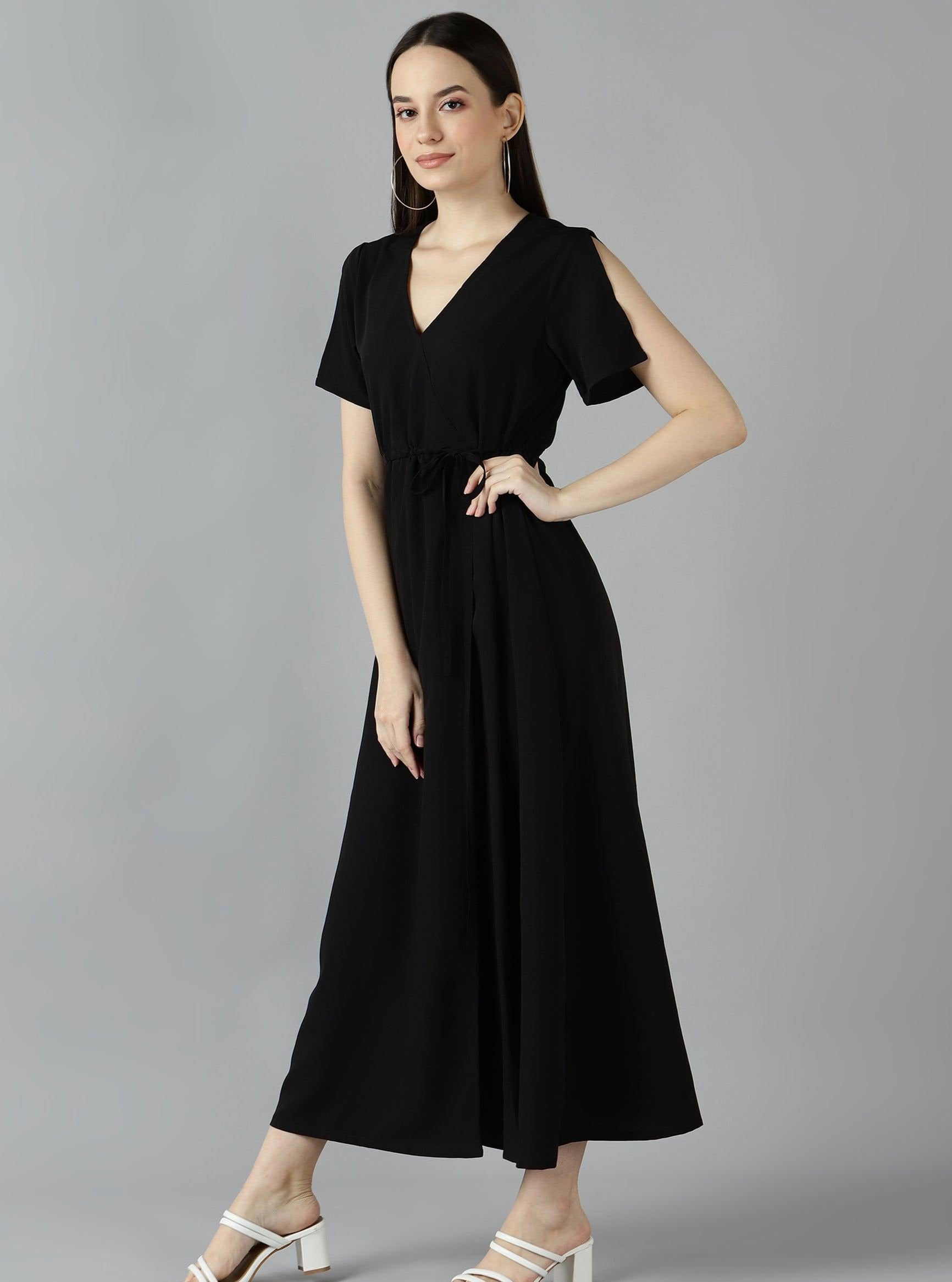 Znx Women Solid Black Fornt Slit Dress - Znxclothing