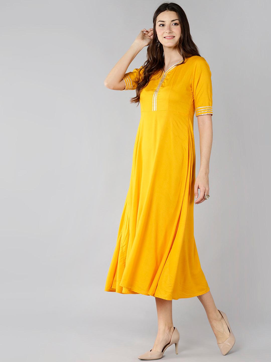 Znx Women Solid Yellow Ankle length Dress With Silver Detailing - Znxclothing