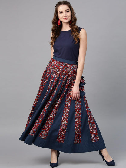 Blue &amp; Burgundy Printed Flared Skirt - Znxclothing