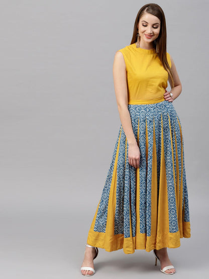 Blue &amp; Yellow Floral Printed Flared Skirt - Znxclothing
