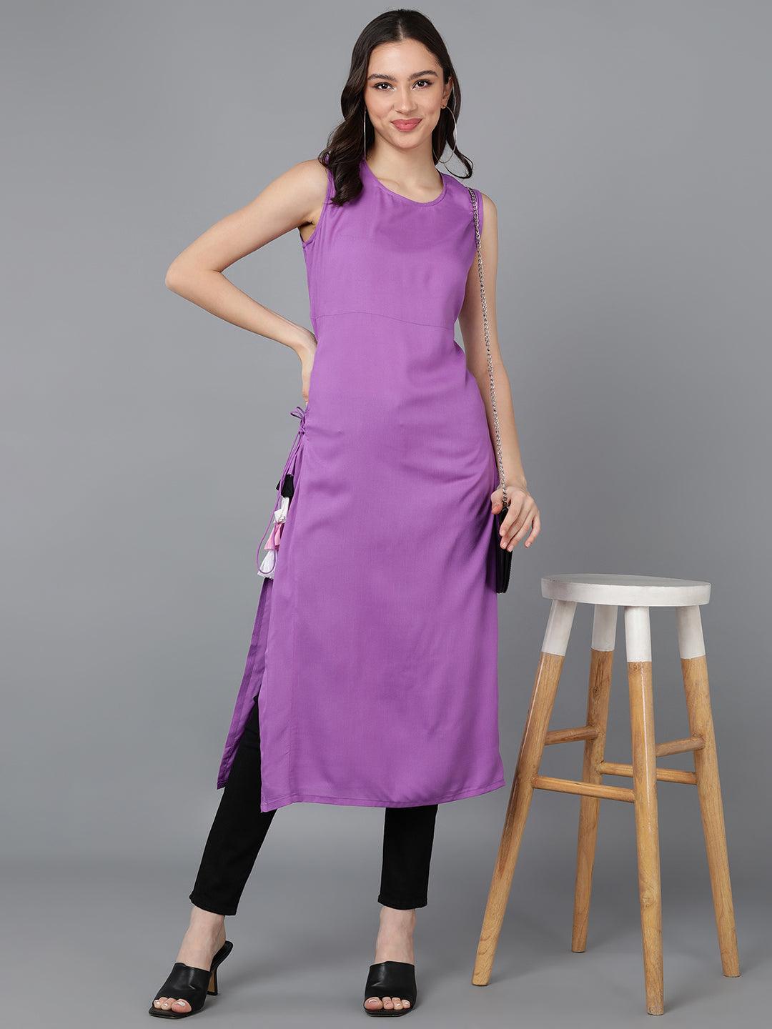 Solid Violet Straight Kurta With Side Tassel - Znxclothing