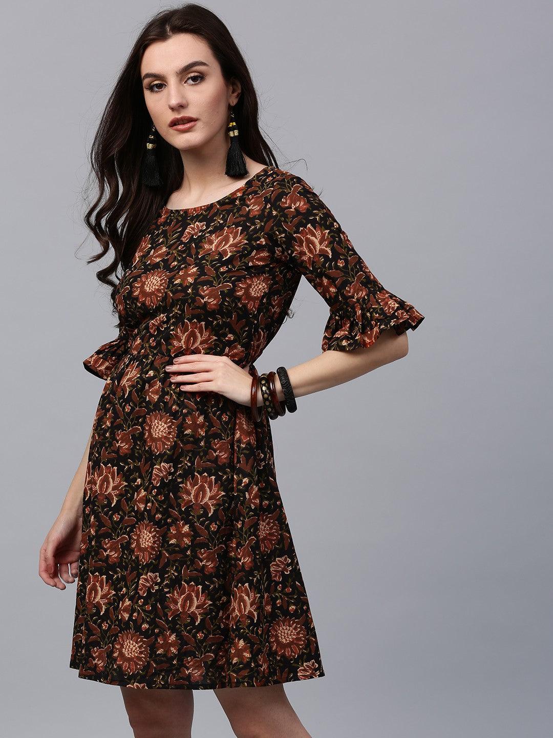 Black &amp; Brown Floral Printed Skater Dress (Fully Stitched) - Znxclothing