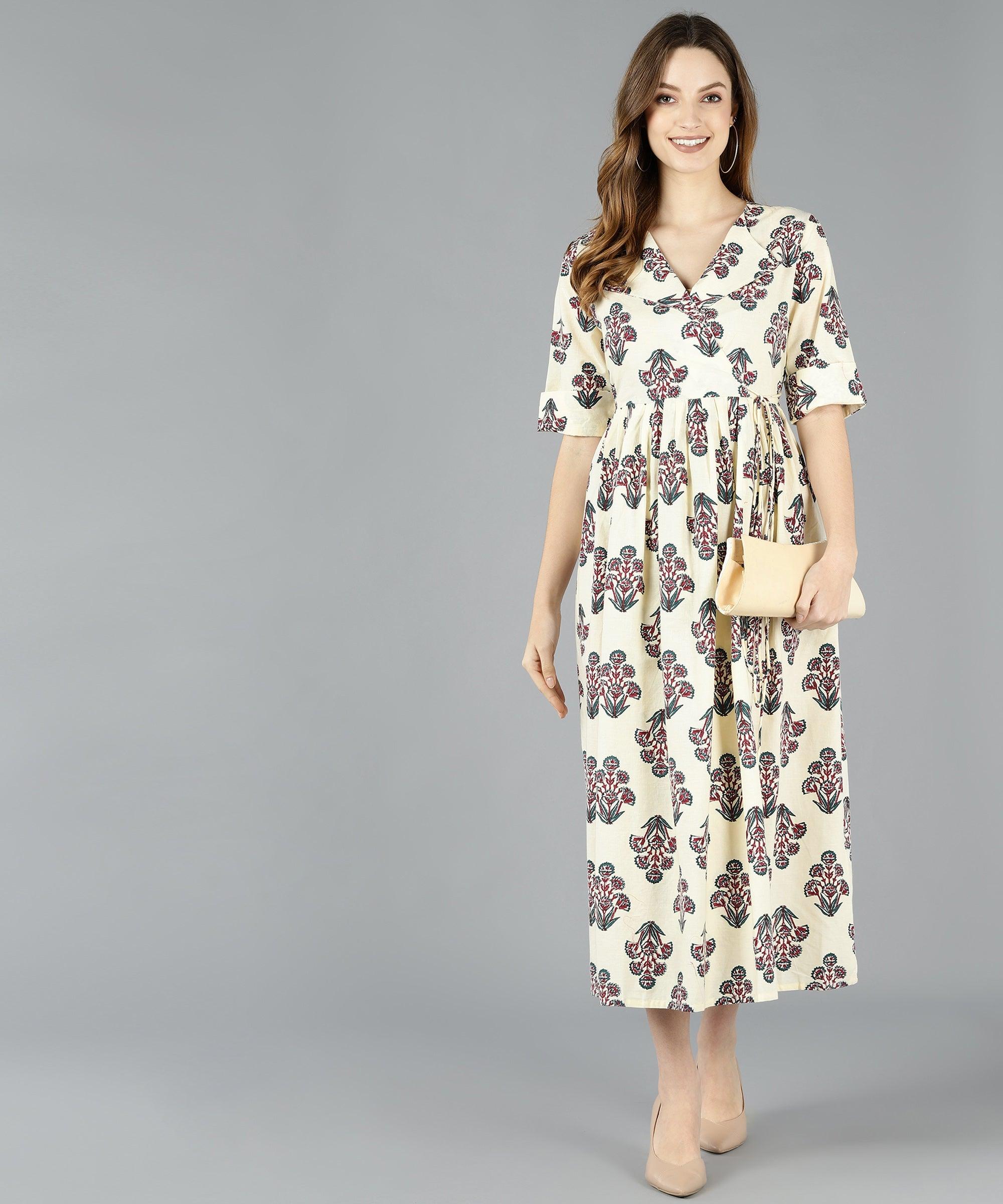 Znx Floral Printed Off White Flared Dress - Znxclothing