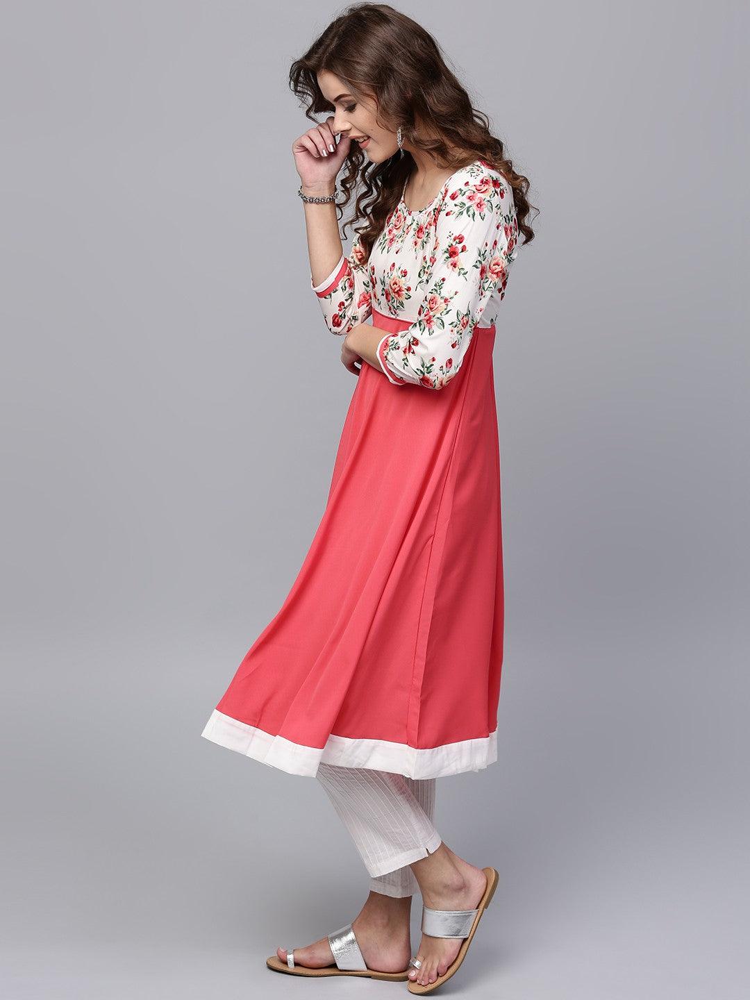 Peach &amp; Off-White Floral Printed Anarkali (Fully Stitched) - Znxclothing