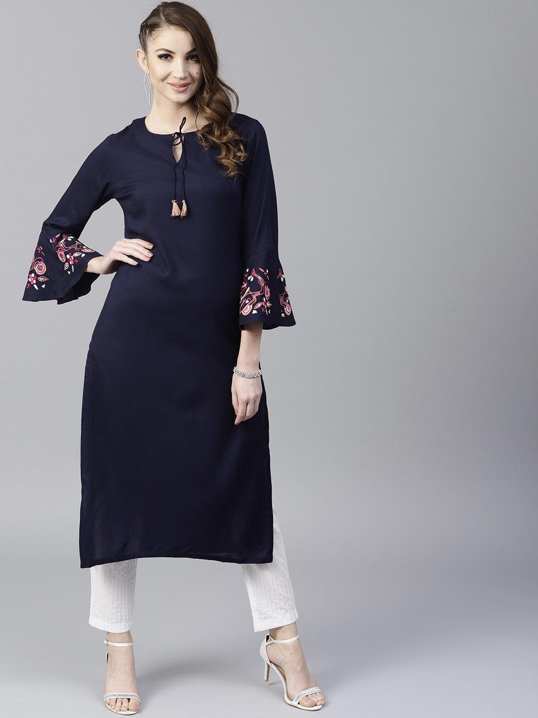 Navy Blue Solid Straight Kurta With Embroidery Sleeve Details (Fully Stitched) - Znxclothing