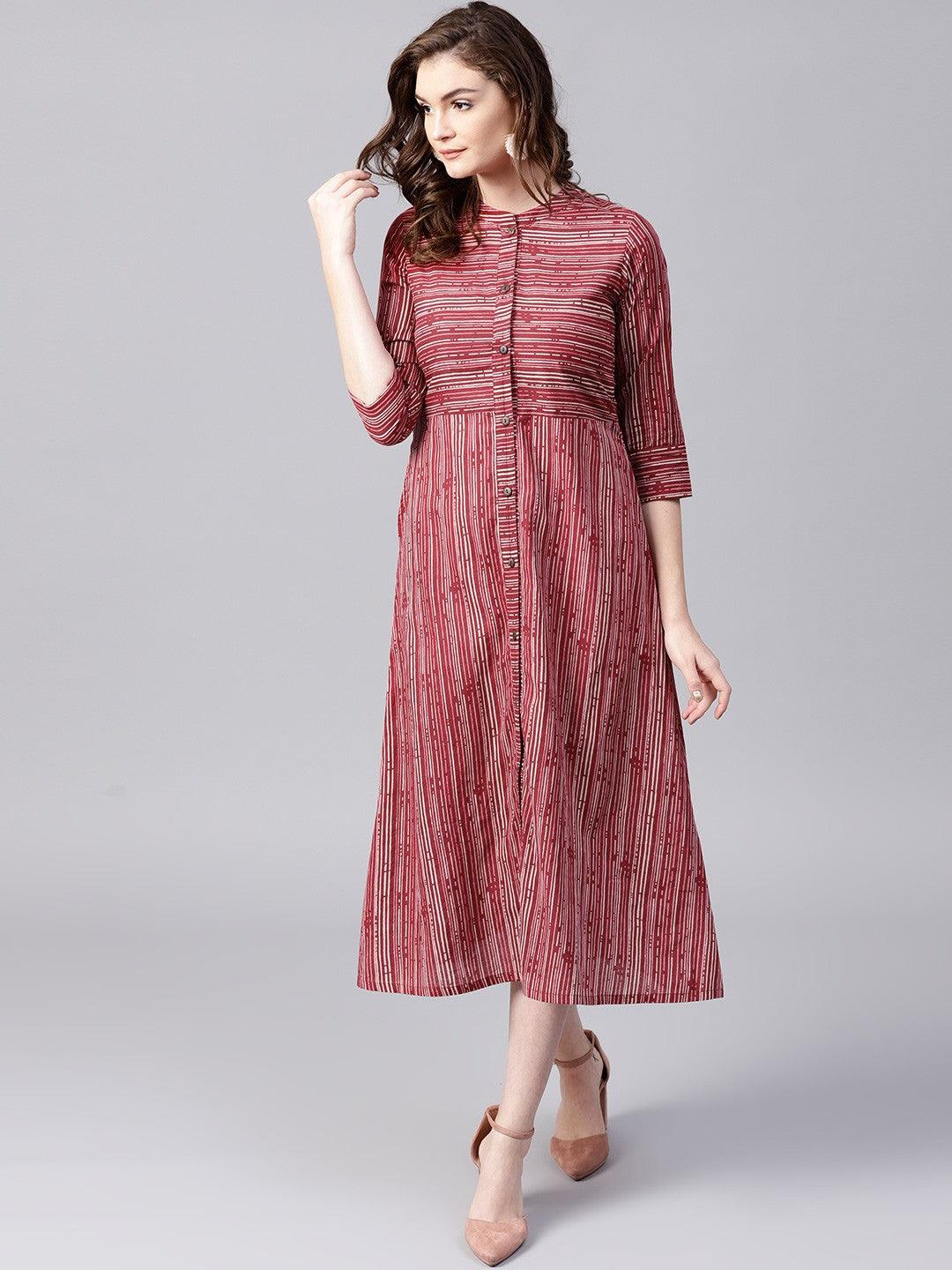 Maroon &amp; Beige Striped Printed Button Down Dress (Fully Stitched ) - Znxclothing