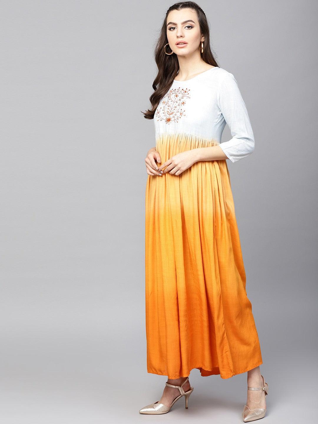 Orange &amp; Blue Omber Print Pleated Kurta With Embroidered Yoke (Fully Stitched) - Znxclothing