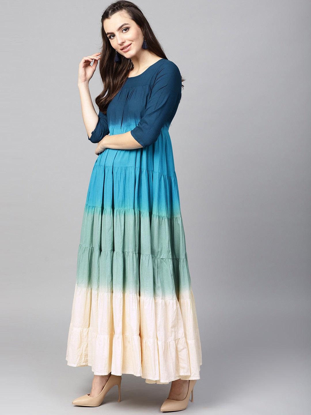 Blue Ombre Print Tiered Flared Anarkali (Fully Stitched) - Znxclothing