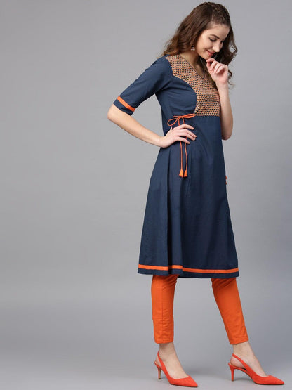 Blue Solid A-Line Kurta With Printed Yoke (Fully Stitched) - Znxclothing