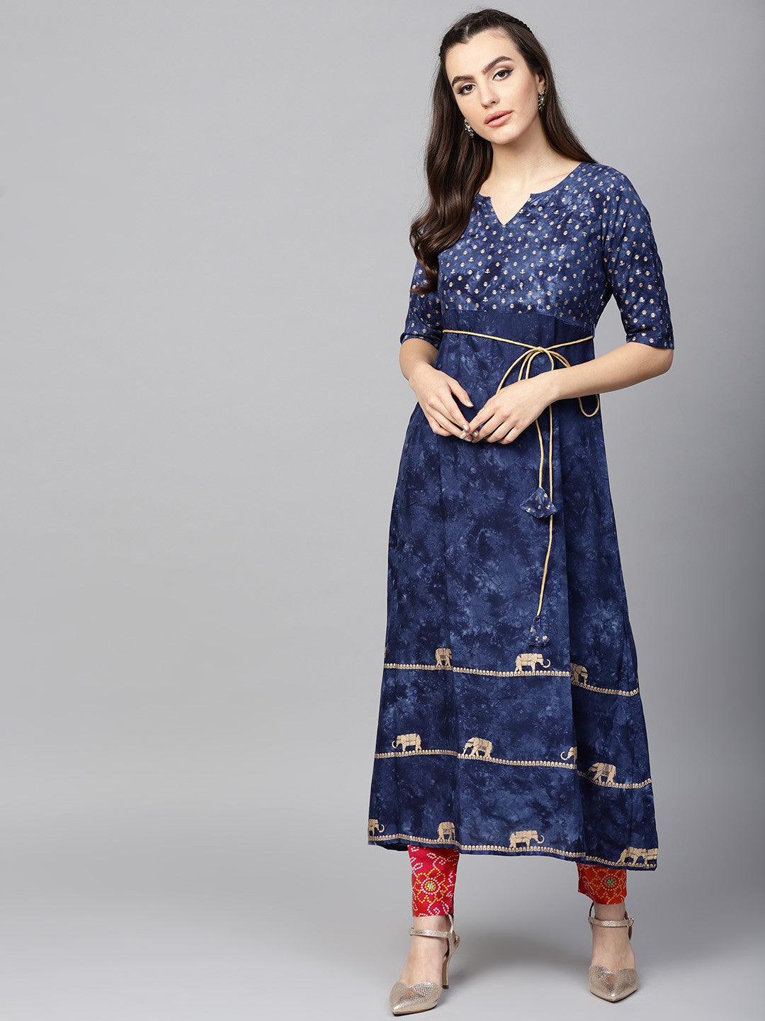 Navy Blue Gold Printed A-Line Kurta (Fully Stitched) - Znxclothing