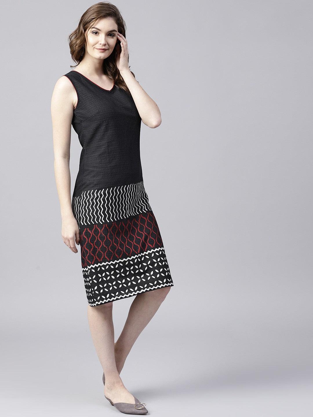 Black &amp; Red Kantha Work Sleevless Dress (Fully Stitched) - Znxclothing