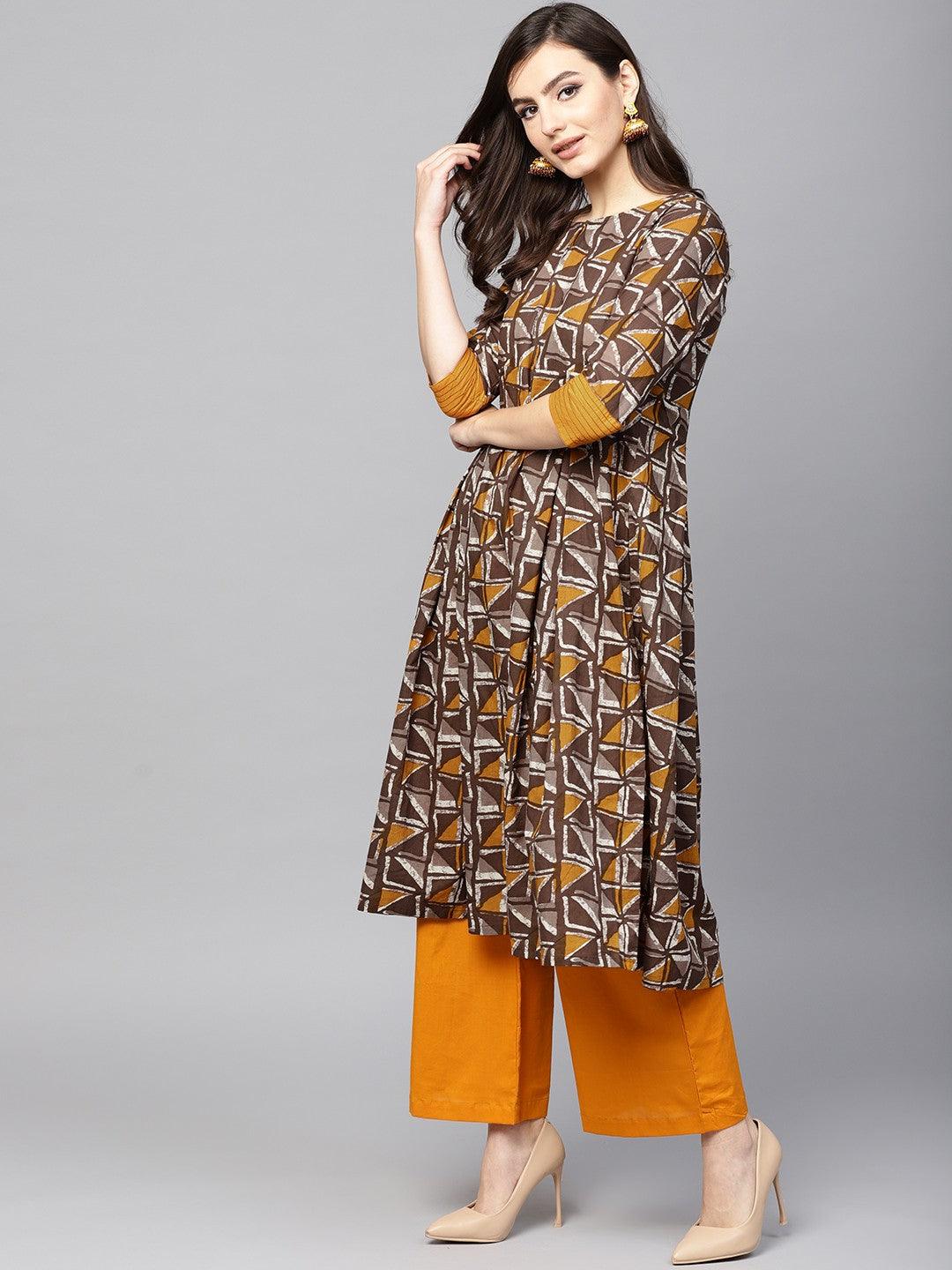 Brown &amp; Mustard Geometrical Printed A-Line Kurta (Fully Stitched) - Znxclothing